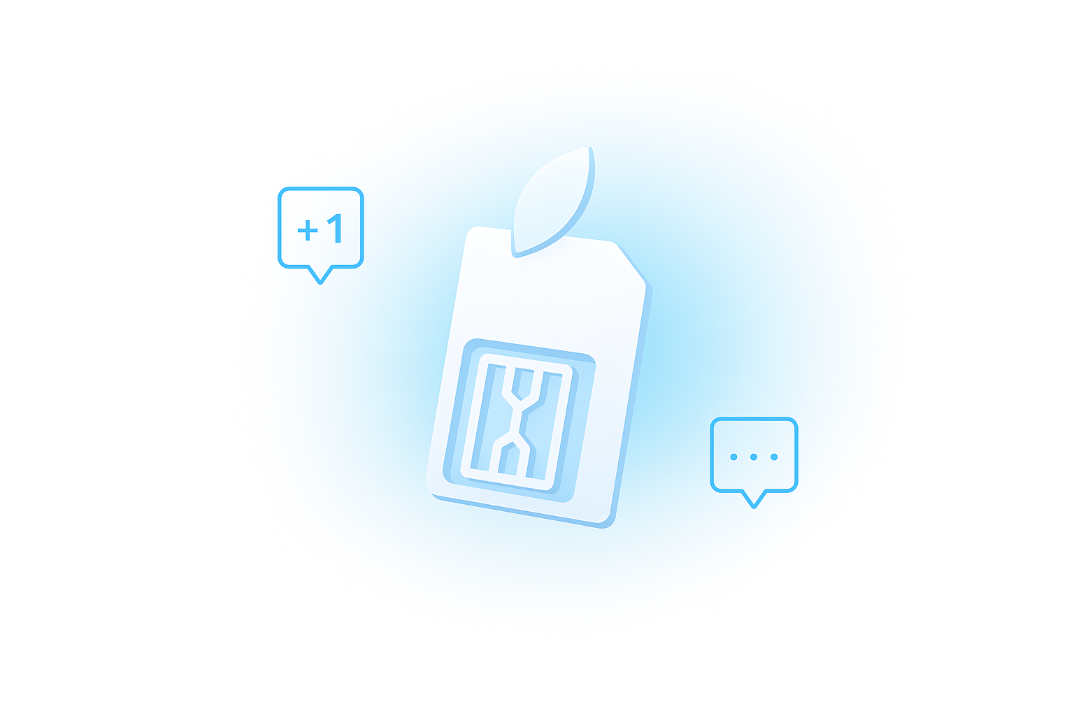 Minimal 3D illustration of a SIM card with blue chat bubbles and +1 country code, symbolizing temporary phone numbers for receiving SMS online