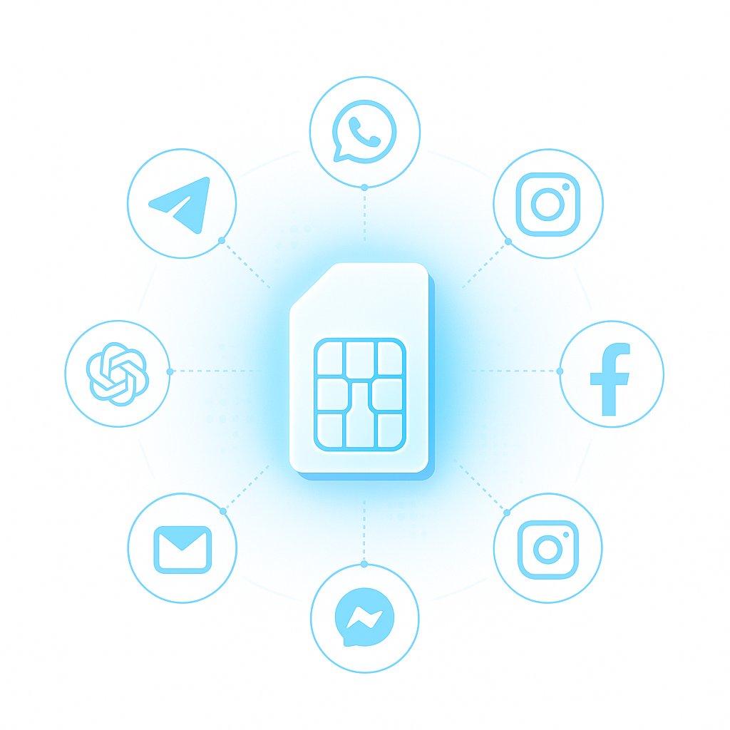 Glowing SIM card connected by blue dotted lines to app icons like Telegram, WhatsApp, Facebook, Instagram, Gmail, and OpenAI, symbolizing virtual temporary phone numbers for SMS verification