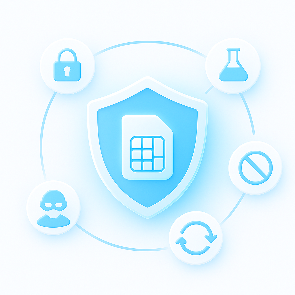 Shield with SIM card icon surrounded by symbols of security, testing, no spam, anonymity, and renewal, representing the benefits of using temporary phone numbers