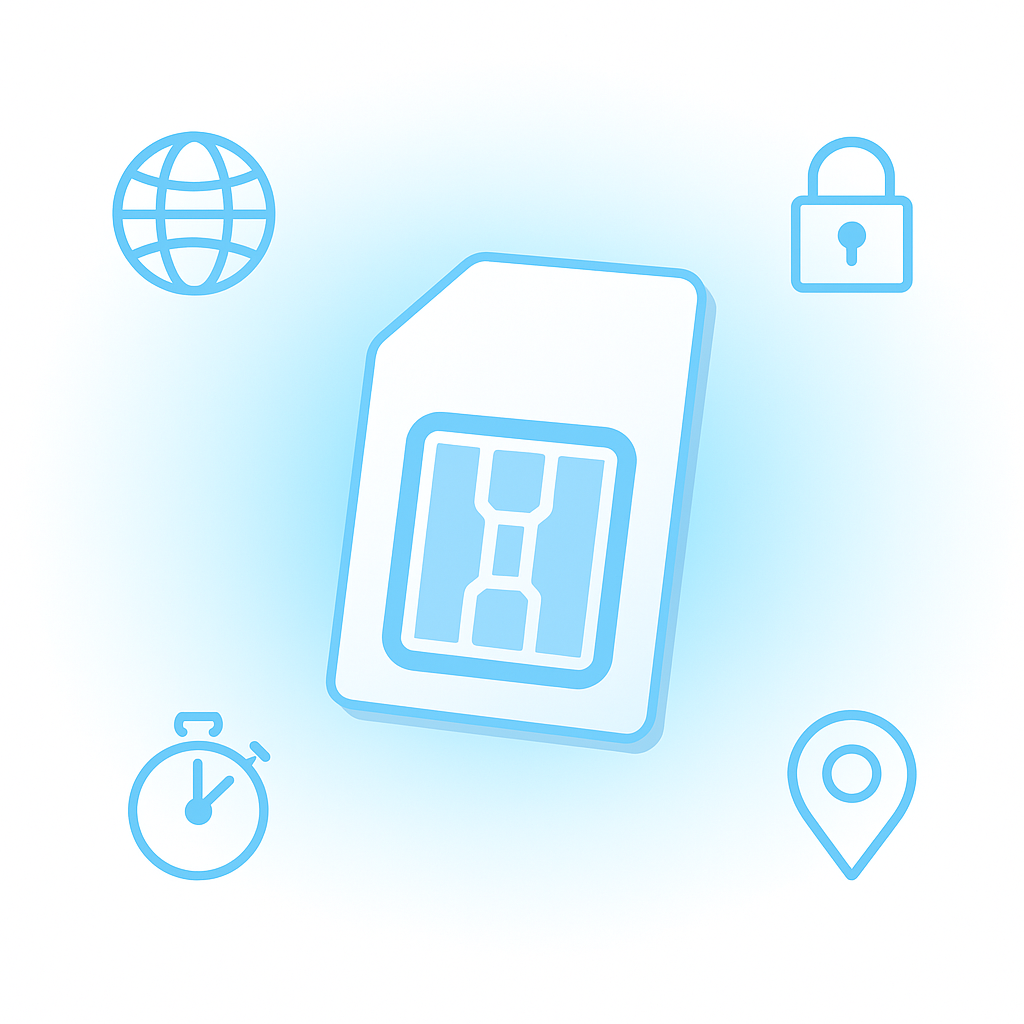 Glowing SIM card surrounded by icons of globe, padlock, stopwatch, and location pin, symbolizing global coverage, privacy, speed, and real-time updates