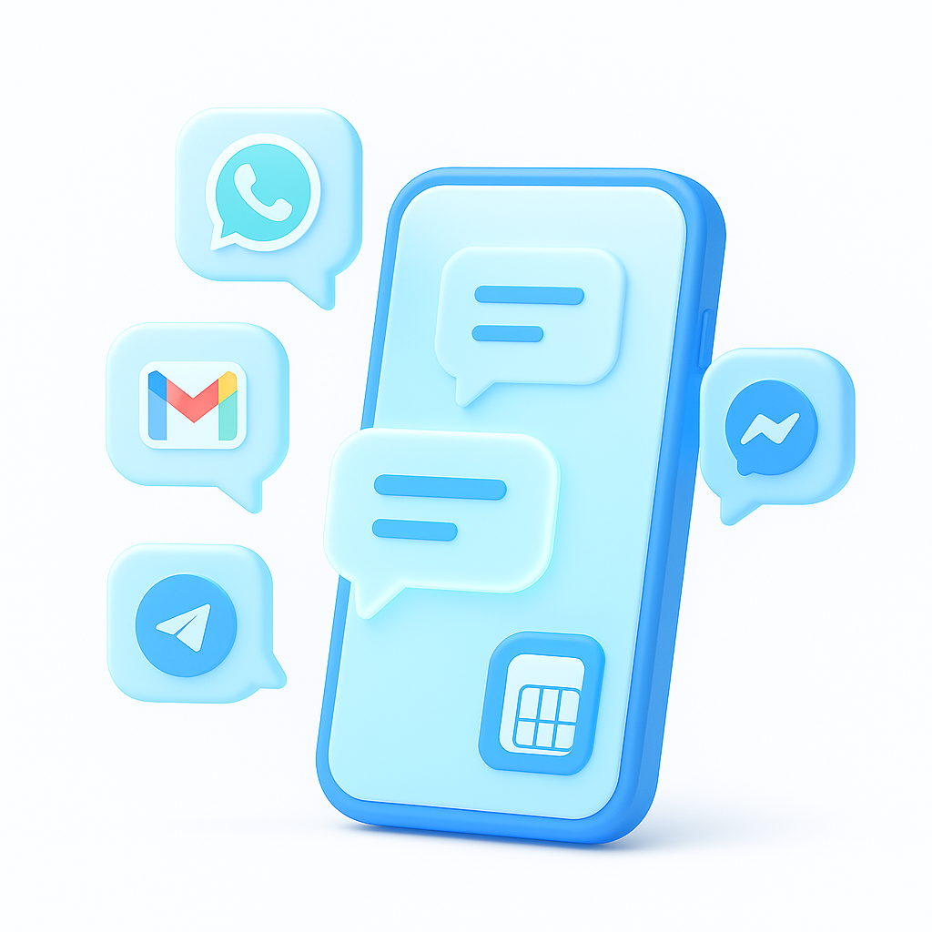 Minimal 3D illustration of a smartphone receiving SMS messages from multiple apps, symbolizing online SMS reception with temporary numbers