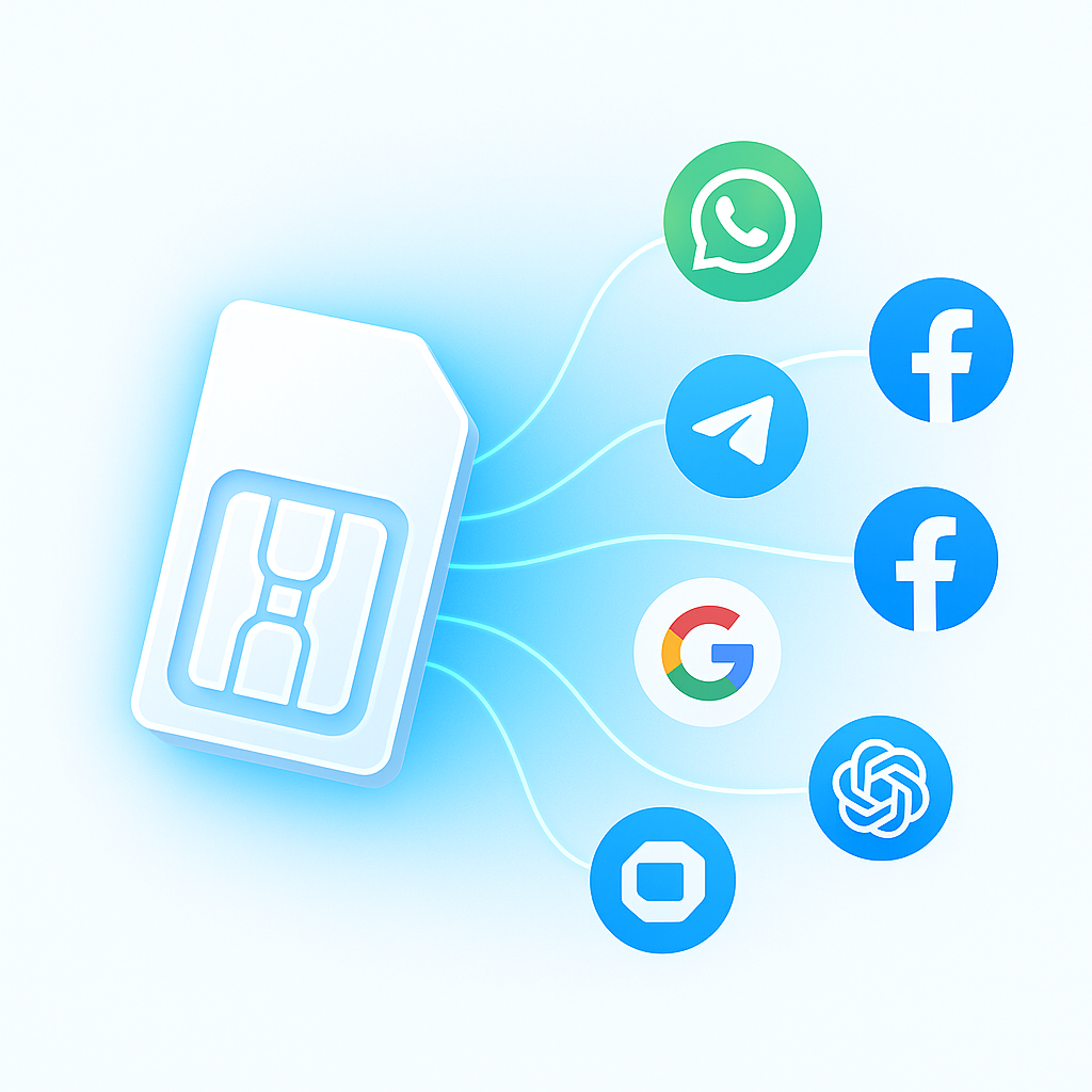 3D illustration of SIM card connected by glowing lines to popular apps like WhatsApp, Telegram, Facebook, Google, and OpenAI, symbolizing instant SMS reception online