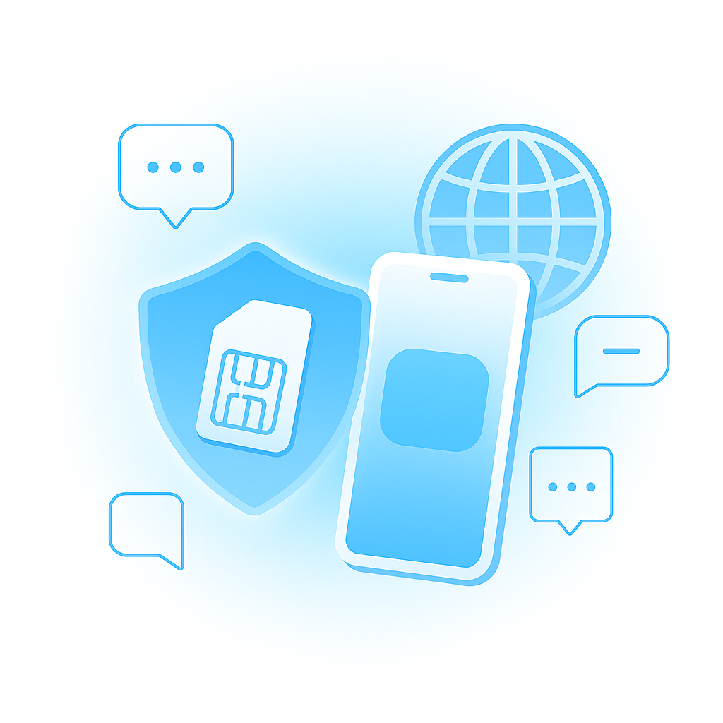 Shield and smartphone icons surrounded by message bubbles and globe, representing privacy, global access, and reliability of online SMS reception