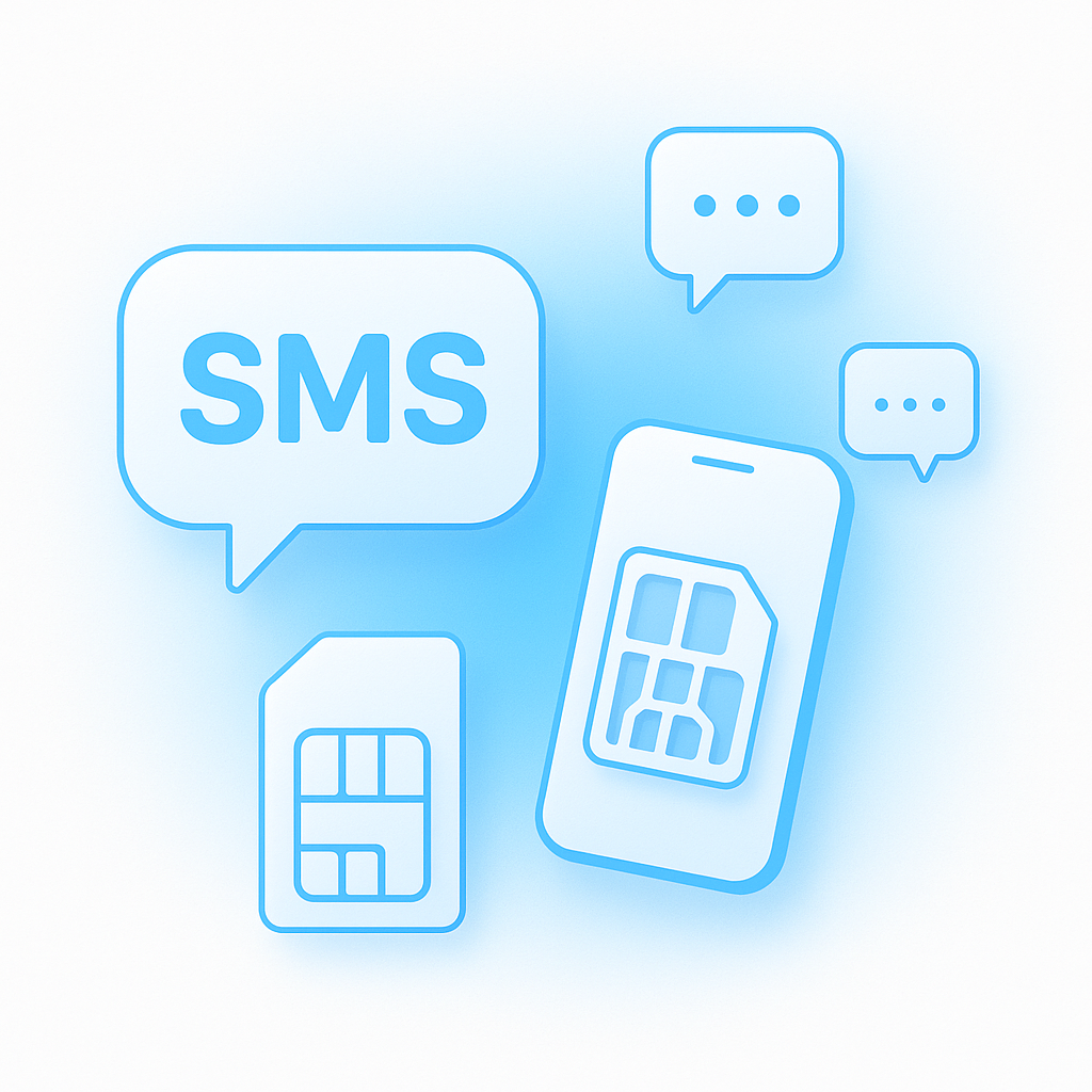 FAQ illustration with glowing message bubbles and SIM cards in blue-white minimal style