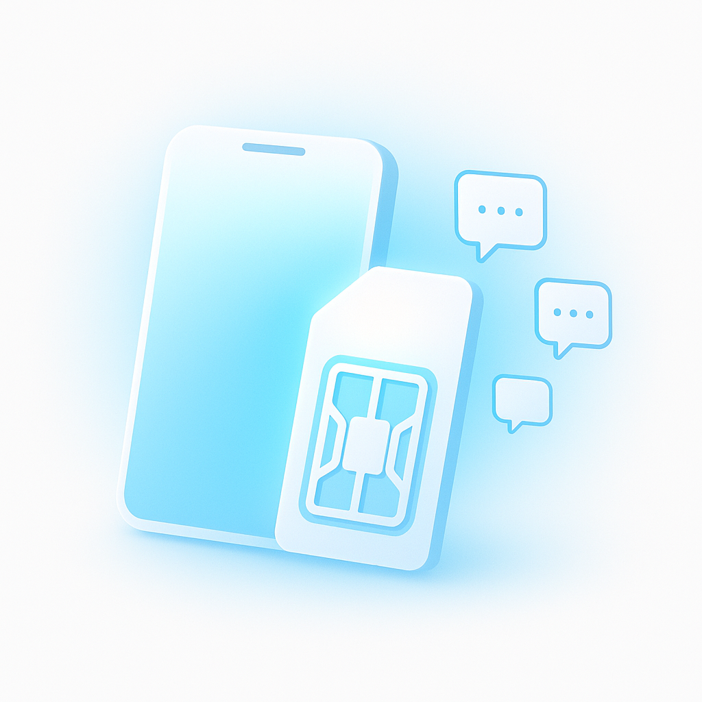 Minimal 3D illustration of a glowing SIM card and smartphone symbolizing disposable phone numbers for SMS verification online