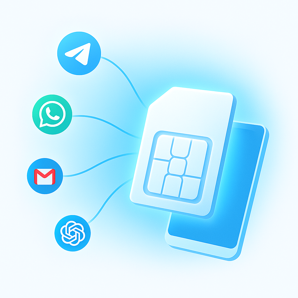 Glowing virtual SIM connected to app icons like Telegram, WhatsApp, Facebook, Gmail, and OpenAI, representing SMS verification process