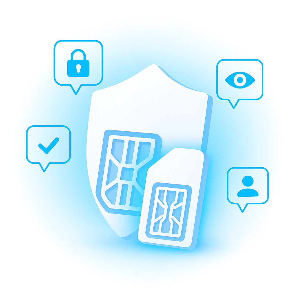 Shield and SIM card surrounded by security and privacy icons symbolizing safe account verification with temporary numbers