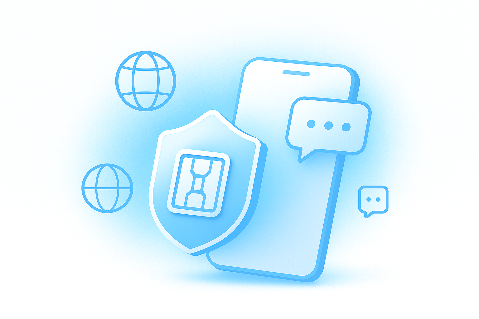 Glowing smartphone with shield and globe icons symbolizing privacy, global access, and reliability for SMS verification