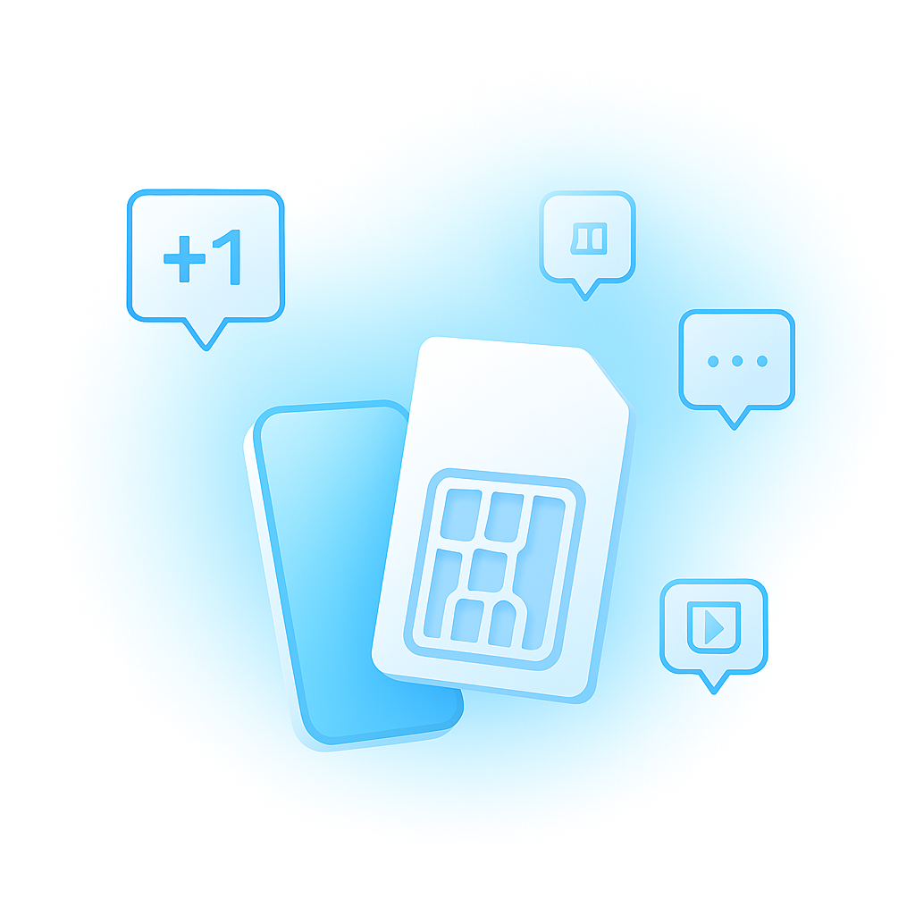 FAQ illustration showing glowing chat bubbles and SIM icons in clean white-blue style