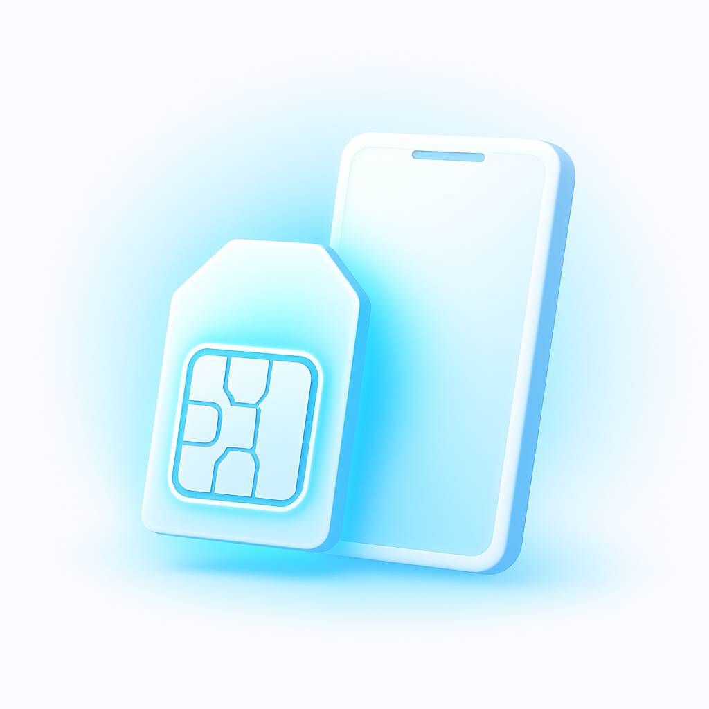 Minimal 3D illustration of glowing SIM card and smartphone representing virtual phone numbers for SMS verification online