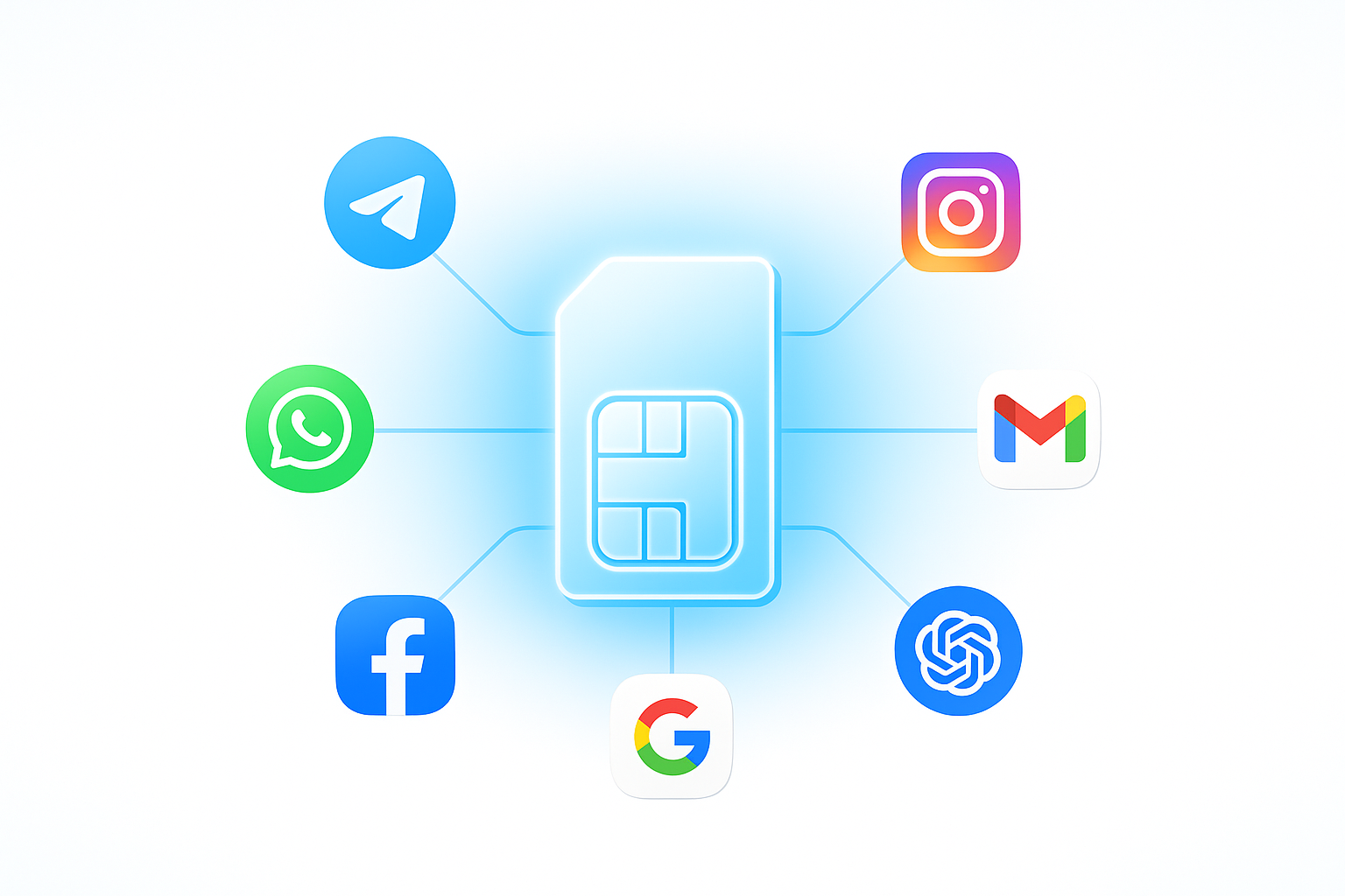 Glowing virtual SIM connected by blue lines to Telegram, WhatsApp, Facebook, Instagram, Gmail, and OpenAI icons, symbolizing online verification