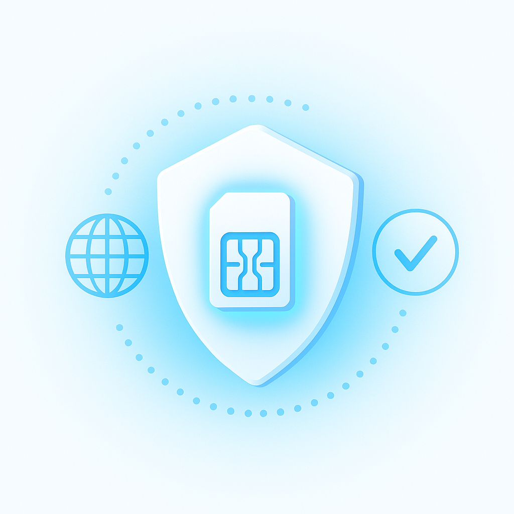Shield with SIM card and global icons symbolizing privacy, global coverage, and online verification features