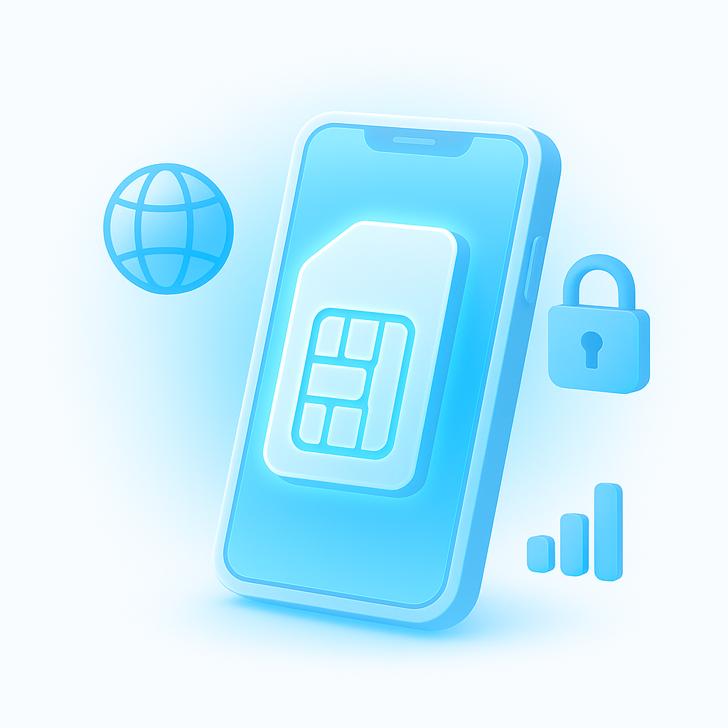 3D smartphone surrounded by icons of globe, padlock, and signal bars representing speed, privacy, and global coverage