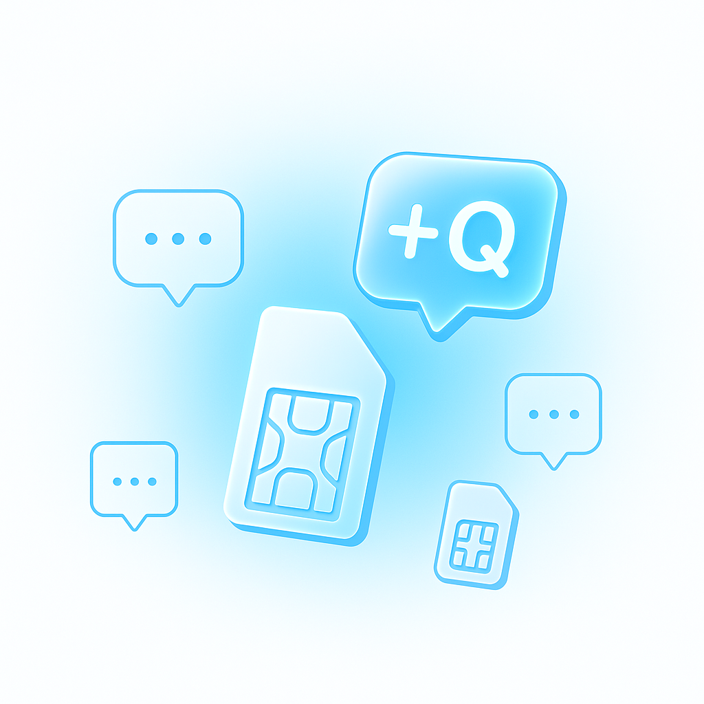 FAQ concept illustration with glowing chat bubbles and SIM card icons in light blue style