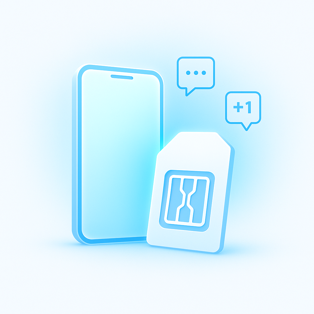 Glowing smartphone and SIM card with floating message bubbles symbolizing virtual phone numbers for SMS verification online